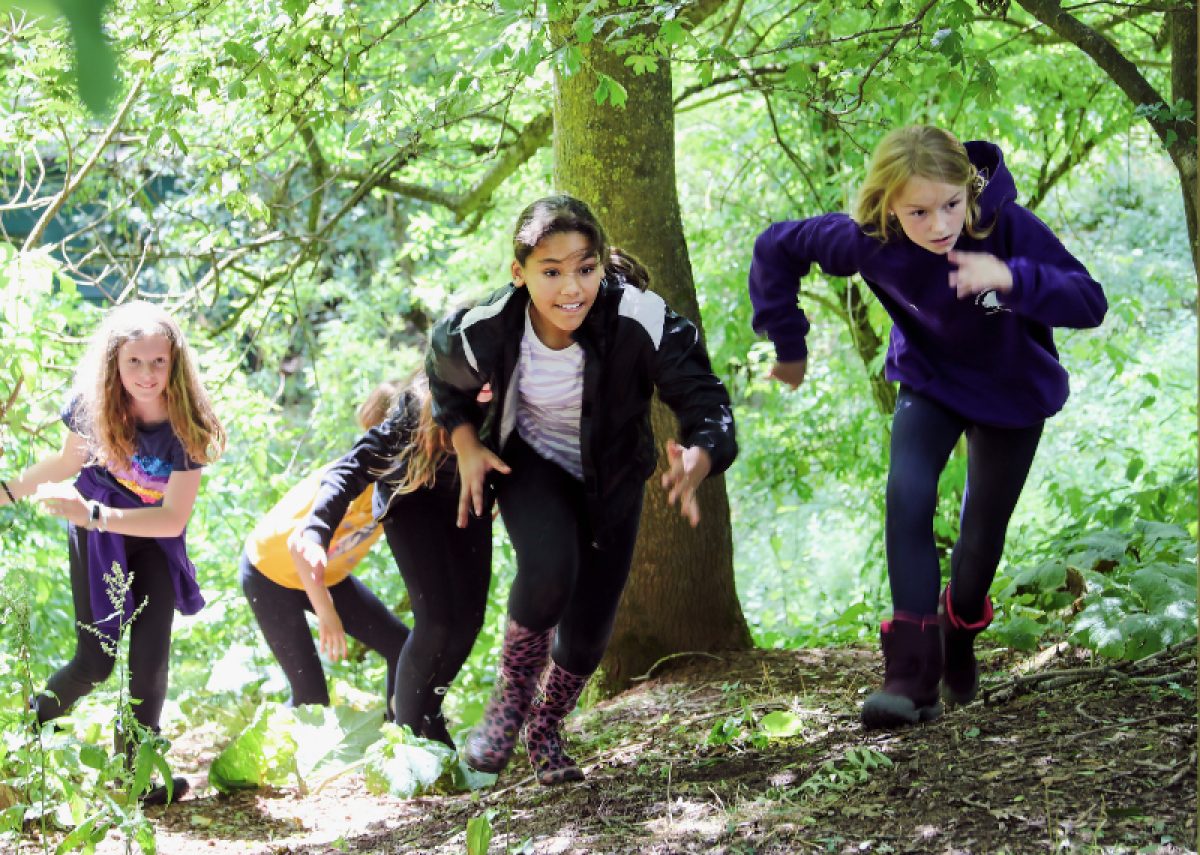 A group of children having fun and running through the Forest